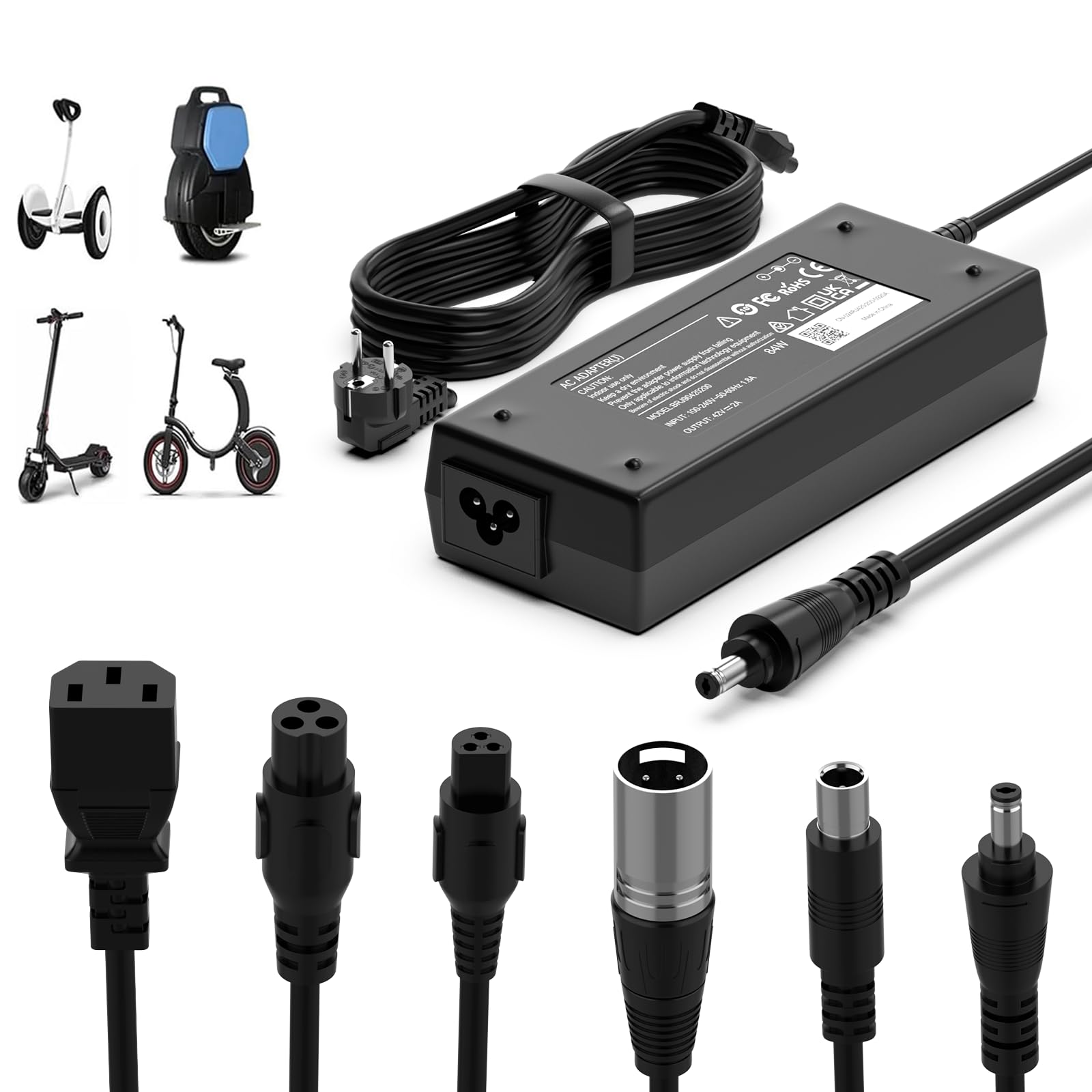 84W Ładowarka do skutera elektrycznego, 42 V, 2 A | Kabel do ładowania, Zasilacz sieciowy AC, 6 przyłączy, Do deskorolki elektrycznej, Do rowerów elektrycznych