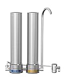 [Silver ions] Waterdrop Dual-Stage Countertop Water Filter System, Reduce Chlorine, PFOA/PFOS, Bad Taste & Odor, Silver Ions Enhanced Filtration, Stainless Steel, WD-CTF-09(2 Filters) Stainless Steel Two-Stage-2 Filters