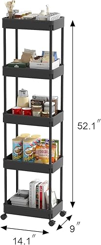 Miniatura 5 de Sooyee Carrito utilitario de plástico de 5 niveles con ruedas, carrito de almacenamiento multifuncional para oficina, sala de estar, cocina,