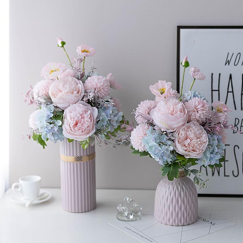 Jarrón de cerámica rosa con flores de seda artificiales para decoración de salón 5