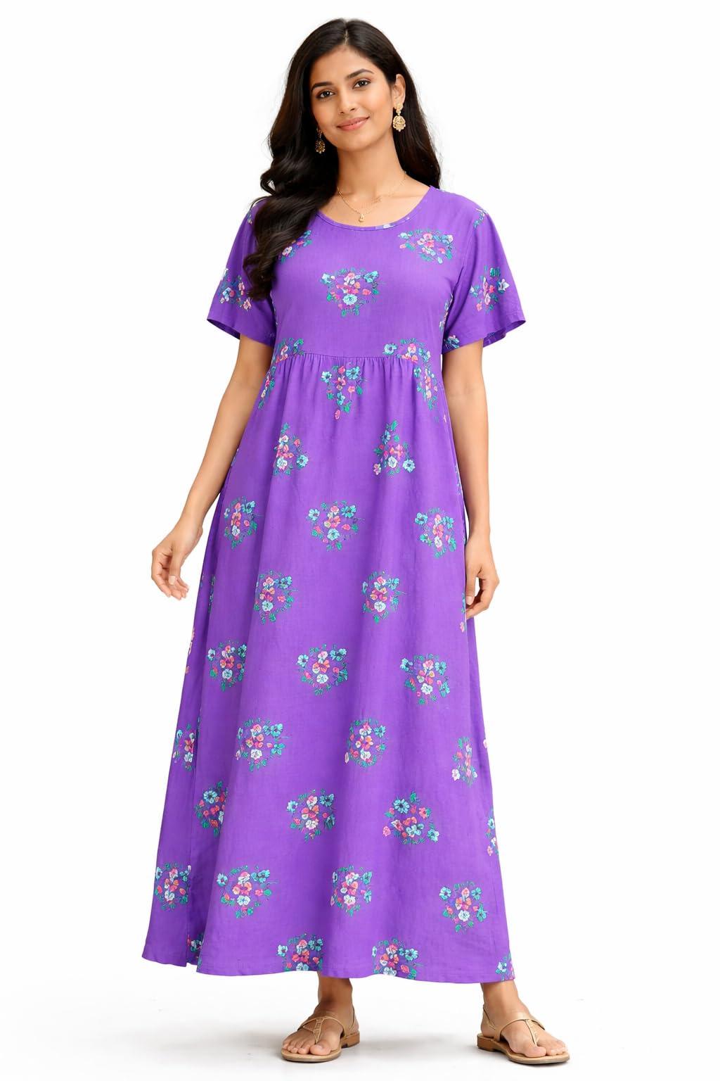 p r collections PR Collections Women's Cotton Gown, Short Sleeve, Round Neck, Maxi Length, Casual Wear-picture-12