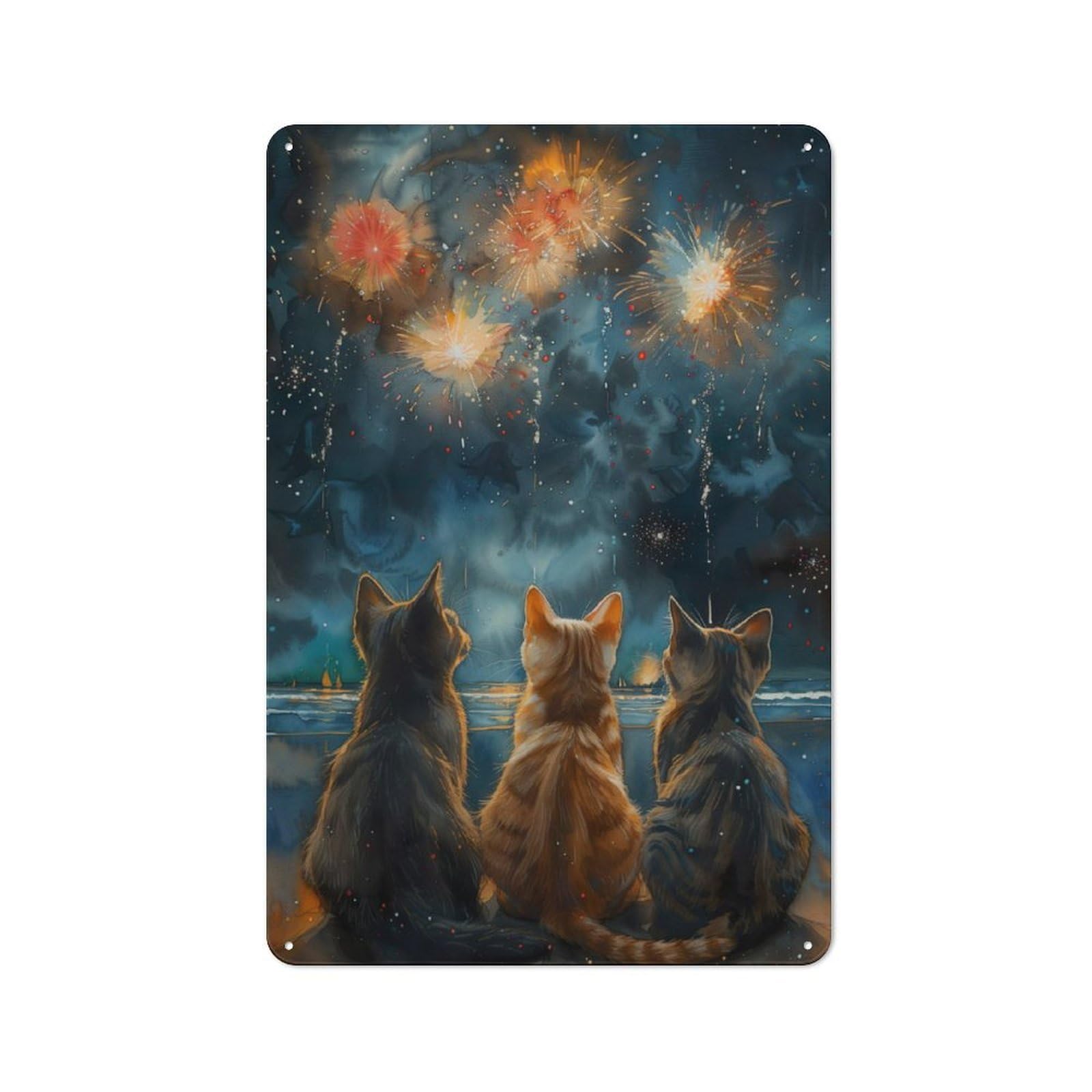 Junmoney Firework Cats Starry Night Tin Wall Plaque 30X20cm With For Pub Or Café, With Clear Vintage Wall Decor Character