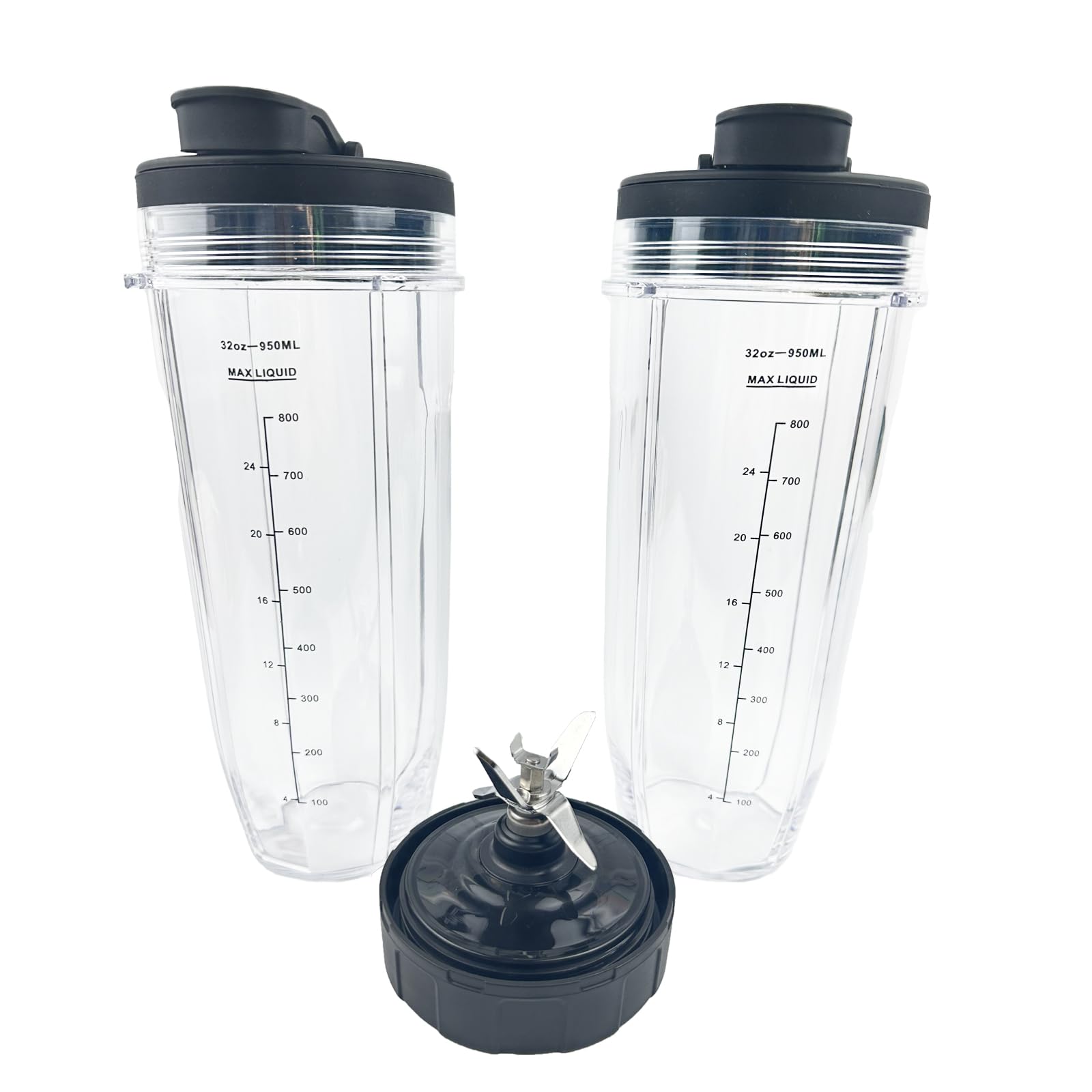 THWRAI Blender Replacement Parts for Ninja 2 x 32oz Cups &2 x Lids and 7 Fins Extractor Blade Stainless Steel Bearing Compatible with Blenders Auto iQ