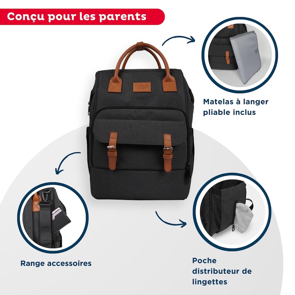 THERMOBABY- Sac à langer ESCAPADE - Sac à dos à langer Bébé - Matelas à langer pour Bébé Garçon et Fille inclus - Confortable - Pratique pour des sorties avec votre nouveau-né - Gris foncé