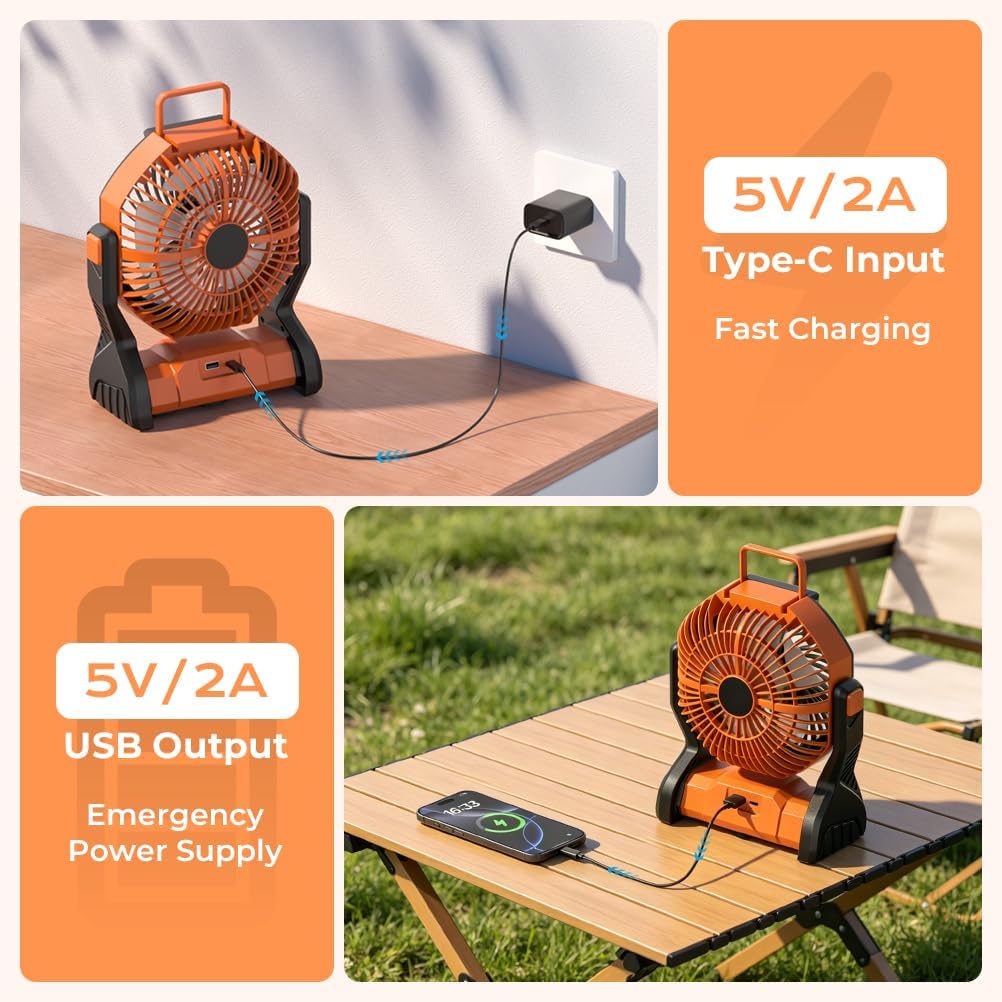 Portable Camping Fan with LED Light, 32Hrs Runtime, Hook & 270° Rotate