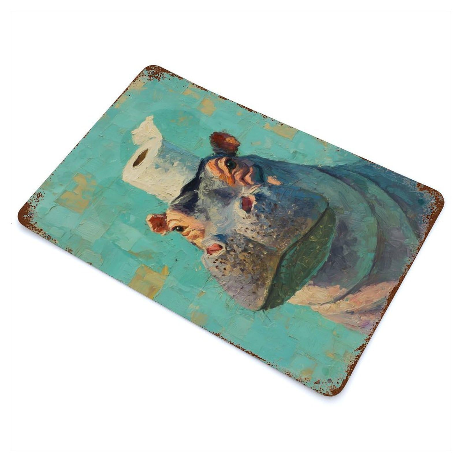 Hippo with Toilet Paper Hat Distressed Metal Wall Sign 11.8"x7.9", for Farmhouse, Kitchen And Entryway Decor, Rustic Home Decor
