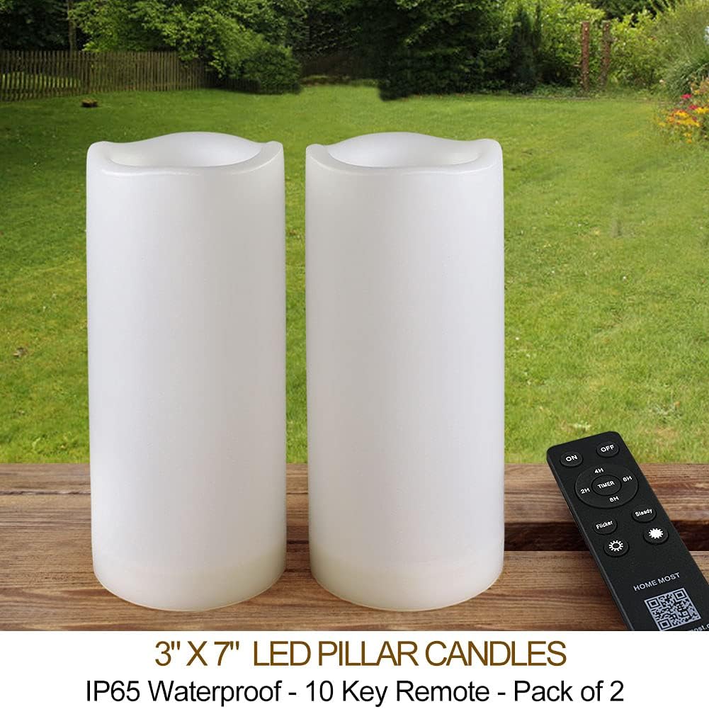 Pack of 2 Outdoor LED Pillar Candles 3x7 White with Timer and Remote - IP65 Waterproof Battery Operated LED Pillar Candles - Flickering Flameless Candle Unscented for Outside