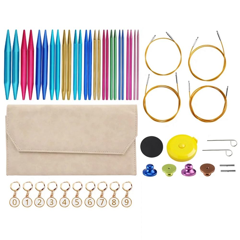 Sxmrmnx Juego de agujas de ganchillo intercambiables de aluminio, juego de agujas de tejer circulares para tejer hilo de tejer, kit de tejer A