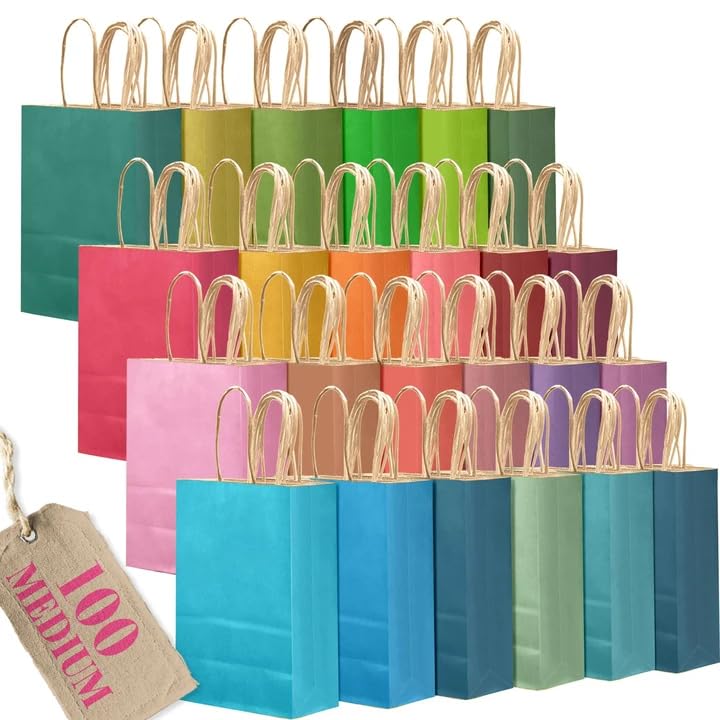 Gcardist Paquete mediano de 100 bolsas de regalo de papel con asas   Bolsas de papel kraft coloridas   24 colores lisos (27 x 21 x 11 cm, 10.6 x 8.3 x 4.3 pulgadas Tamaño mediano)