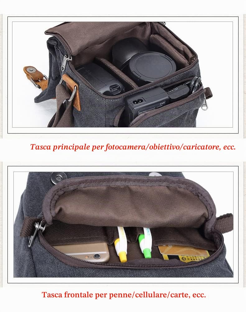 Borsa a tracolla per fotocamera, in tela, impermeabile, con finiture in pelle, antiurto