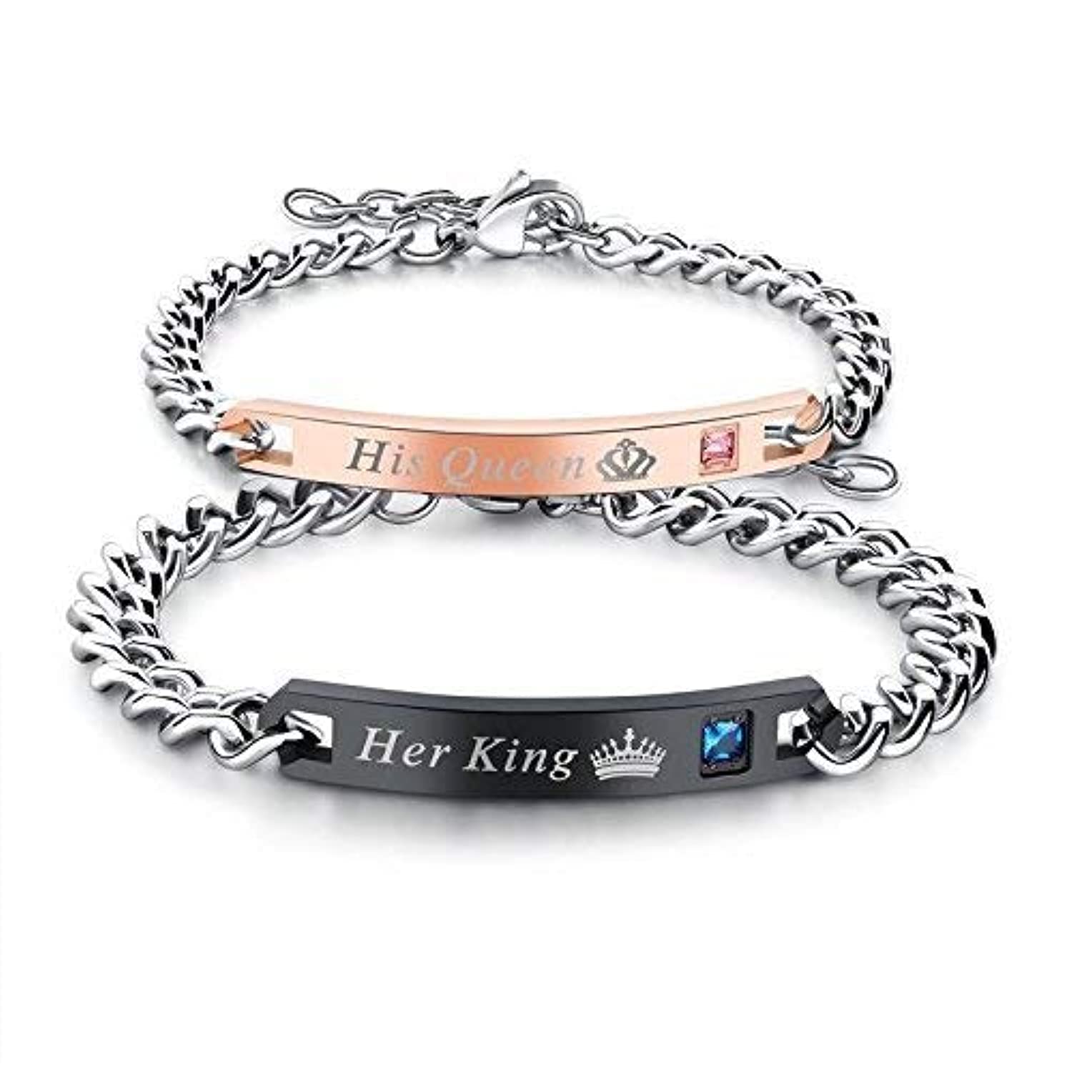 YouBellaValentine Jewellery His or Hers Matching Set His Queen Her King Titanium Stainless Steel Couple Bracelet Rings for Girls & Boys.