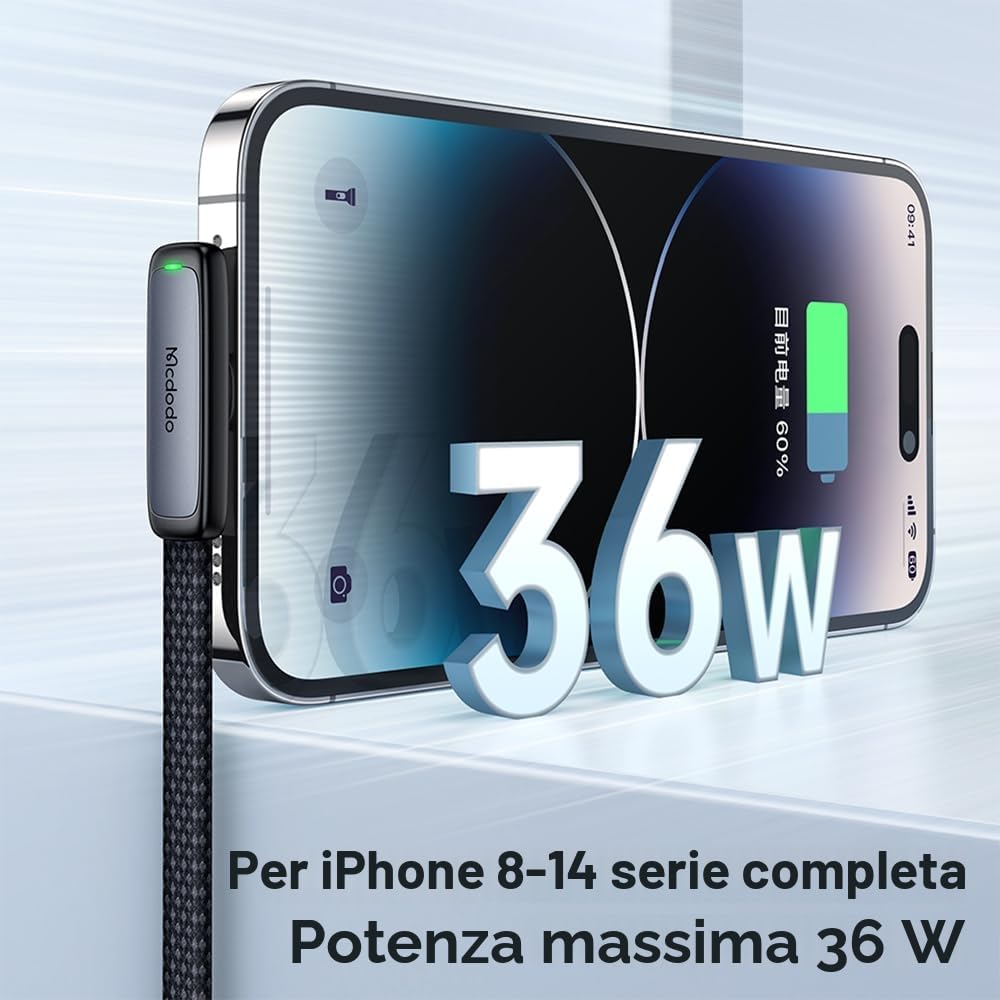 mcdodo Cavo USB C a Lightning 36 W cavo di ricarica USB C corto 90 gradi nylon USB C Fast per iPhone 14,13,12,11,XS,XSMax,XR,X 8 Plus,7 Plus, 6s, 6s Plus, 6,6 Plus, iPad