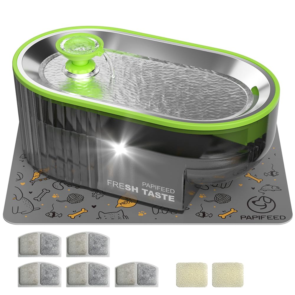 Cat Water Fountain Stainless Steel with a Silicone Mat, 84oz/2.5L Automatic Cat Water Fountain with Water Level Window and LED Light, Quiet Low Power Cat Water Bowl & Cat Water Dispenser (Green)