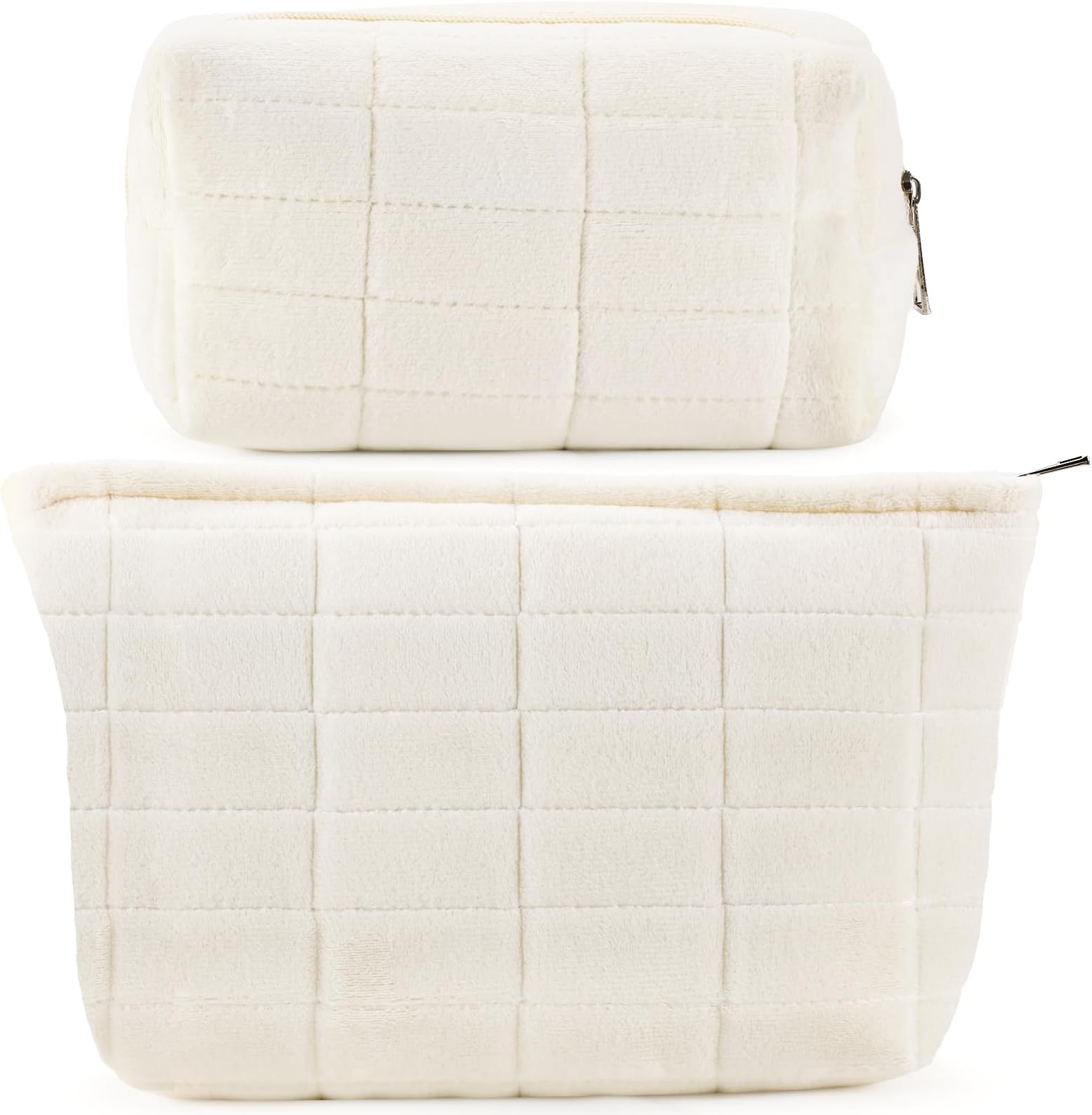 ZLFSRQ 2Pcs Makeup Bag for Women Trendy Large Capacity Cosmetic Bags Plush Pencil Case White Checkered Pouch for Purse Coquette Zippered Toiletry Bag Organizer Y2K Aesthetic Pencil Pouch