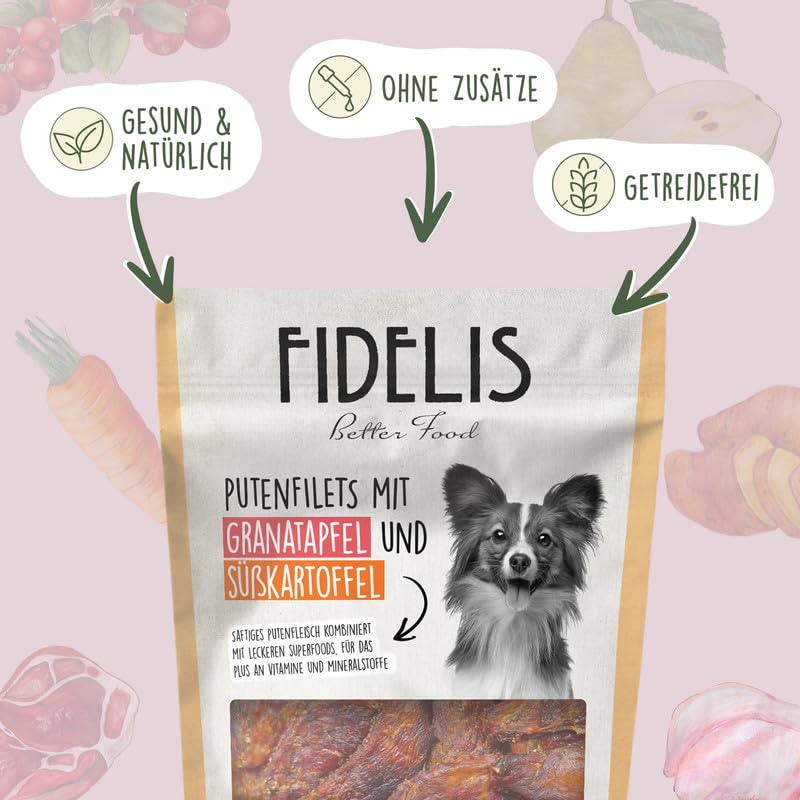 Fidelis - Putenfilets Granatapfel & Süßkartoffel für Hunde 100gr - Luftgetrocknete Hunde Leckerlis aus 100% natürlichen Rohstoffen - Hunde Leckerli als Snack