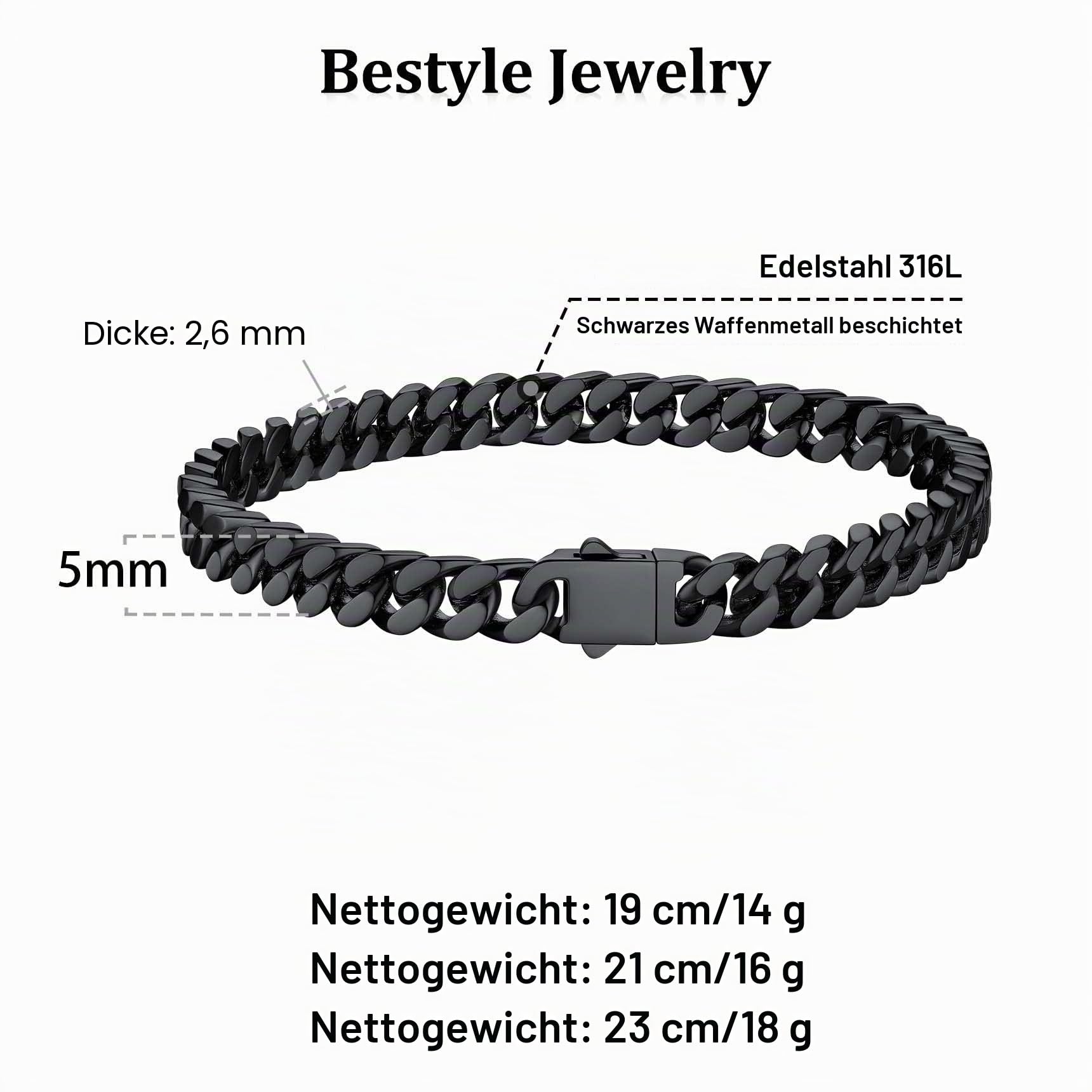 Bestyle 5mm Panzerkette Armband Herren Schwarz Cuban Armbänder Edelstahl breits massives kubanisches Armkette Hip Hop Bracelet 23cm lang Geschenk für Männer Jungen Damen