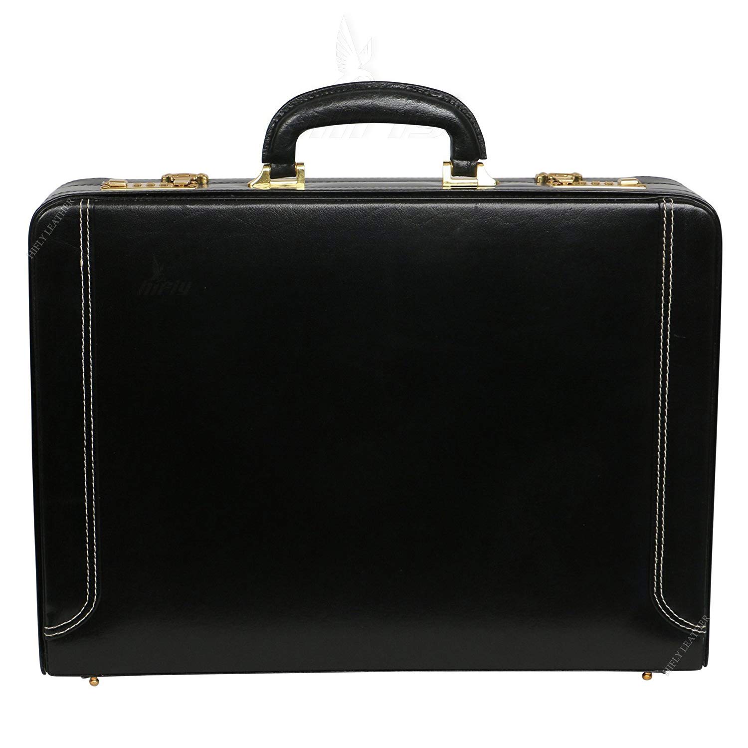 HiflyLeather Briefcase for Men - Expandable - Unisex -Round Corner Strap- Hard Briefcase - Office Bag - Leather Accessories - 3 Digit Combo Amiiet Lock - Suitcase - Laptop Briefcase - Luggage - Black