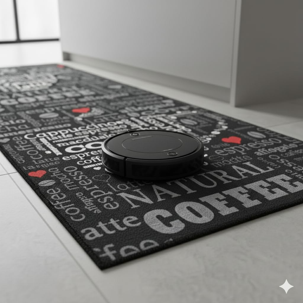 Teppich Moderner Küchenteppich Gel Läufer Küchenläufer Grau Weiß Schwarz mit rutschfestem Bodenmuster mit Schriftzug Coffee Macchiato (Schwarz, 100 x 200 cm)