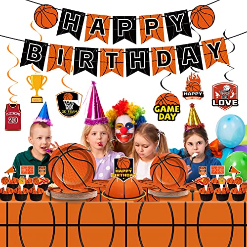 149Pcs Basketball Themed Party Decorations Tableware Set Including Sports Themed Disposable Paper Tableware Serves 24 Guests Plates Napkin Banners Cake Toppers Swirls Card For Basketball Party Supplies #TOP6