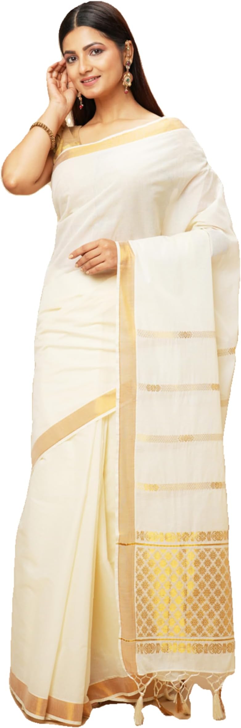 manvish drapes Kerala Kasavu Pure Cotton Saree - Kerala Festive Attire For Women - Perfect For Traditional & Formal Occasions, Cream