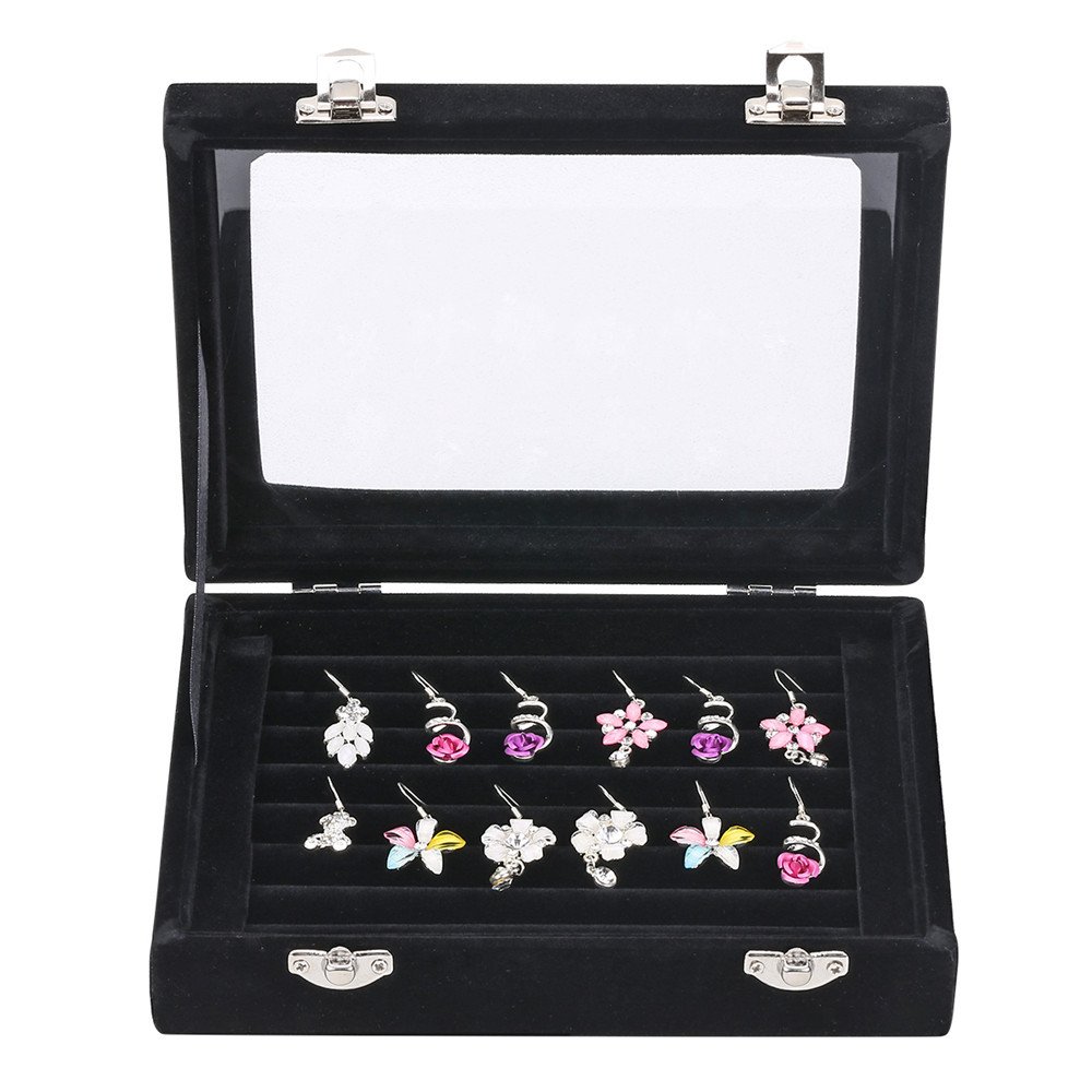 Velvet Glass Jewelry Display Storage Box Ring Earrings Jewelry Box Ring Holder Case, 2 clasps