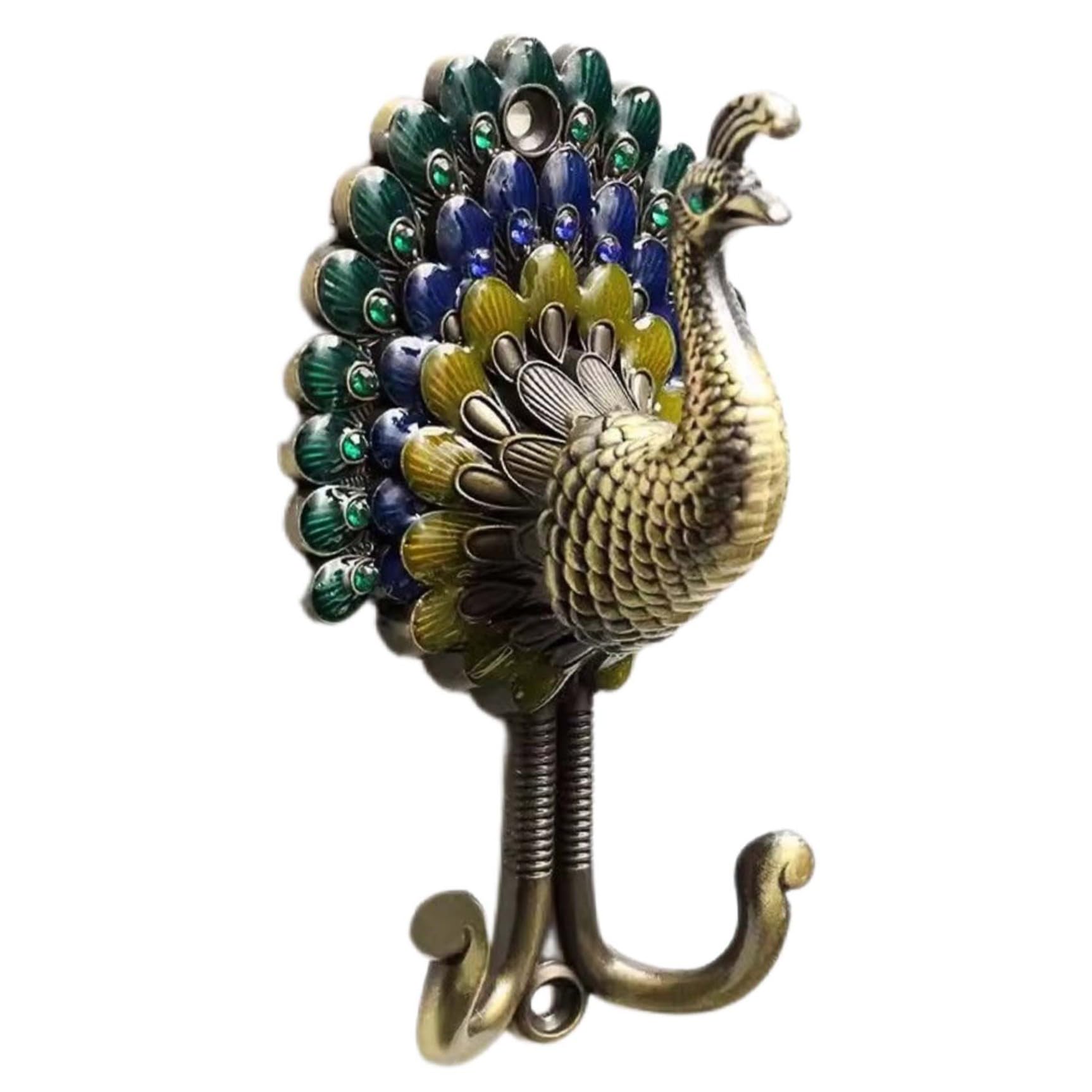 Licsaliwe Decorative Hooks Vintage Peacock, Aluminum Alloy Heavy Duty Double Prong Coat Hooks for Door Wall Mount