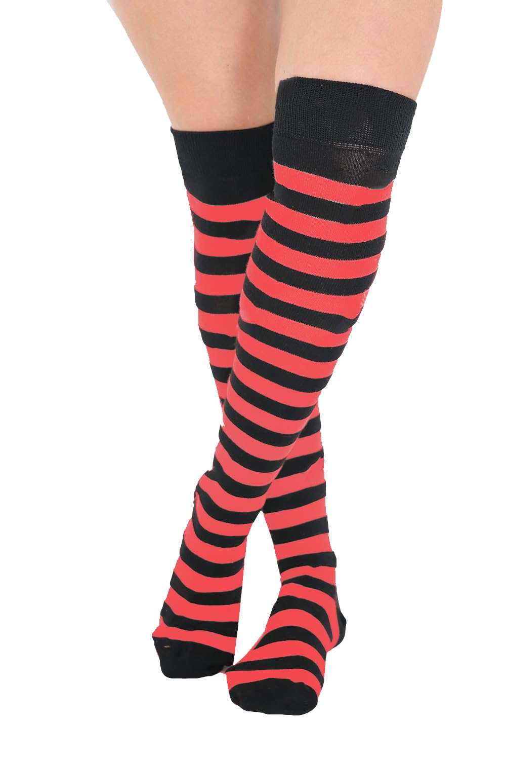 Ploutos World Wide Womens Ladies Stripe Over The Knee Socks Thigh High Girls Stretchy OTK Socks Fancy Dress Socks One Size (Red black)