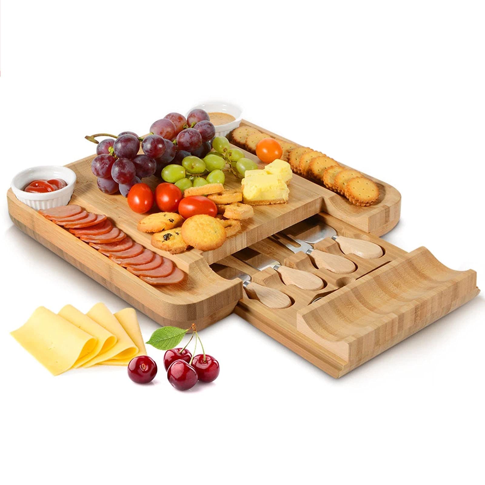Plateau À Fromage Et Ensemble De Couteaux, Planche De Charcuterie En Bambou, Assiette De Service 4 Couteaux Et 2 Bols, Cadeaux Pour Thanksgiving Noël Pendaison De Crémaillère Anniversaire De Mariage