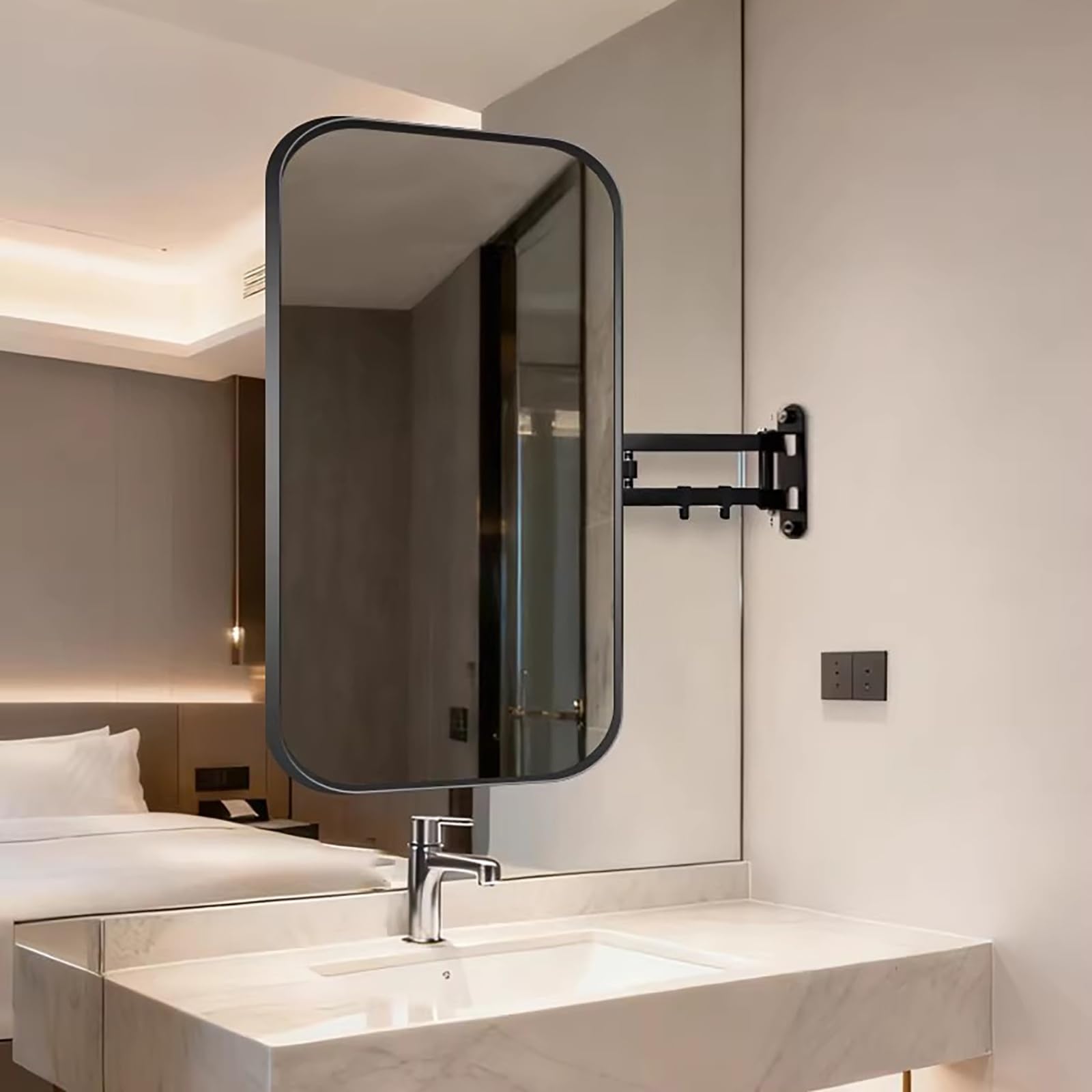 Scumlovy Rectangular Bathroom Corner Mirror, Vanity Mirrors, Wall Mount Pivot Mirror with Metal Frame and Swivel Extendable Arm, Vertical & Horizontal(Black,60x100cm/23.6x39.4in)