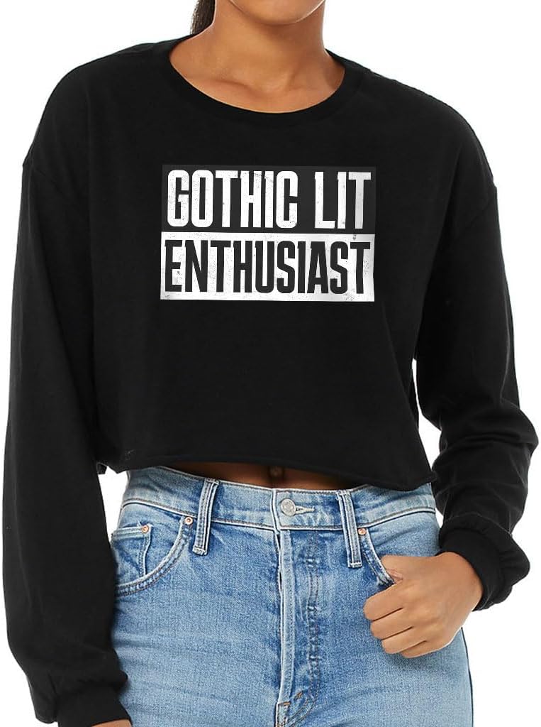 Gothic Lit Enthusiast Cropped Long Sleeve T-Shirt - Minimalist Women's T-Shirt - Word Art Long Sleeve Tee