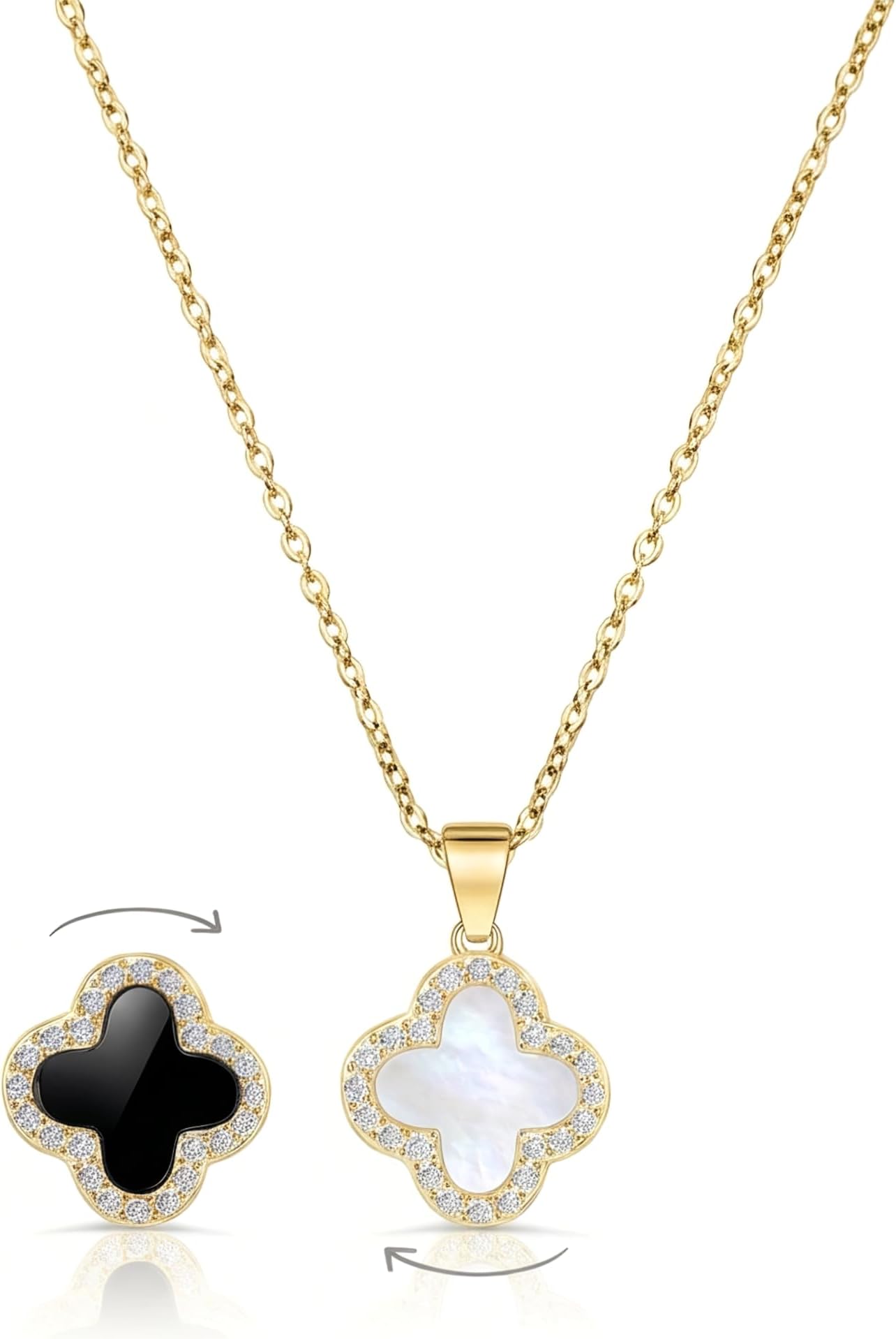 2 Side Crystal Clover Necklace for Women 18K Gold Plated Stainless Steel Four Leaf Lucky Pendant Black & White Cubic Zirconia Jewelry for Mother and Daughter