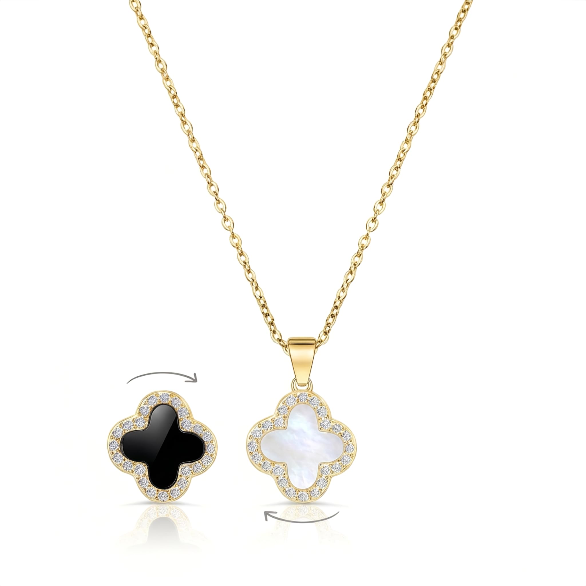 2 Side Crystal Clover Necklace for Women 18K Gold Plated Stainless Steel Four Leaf Lucky Pendant Black & White Cubic Zirconia Jewelry for Mother and Daughter