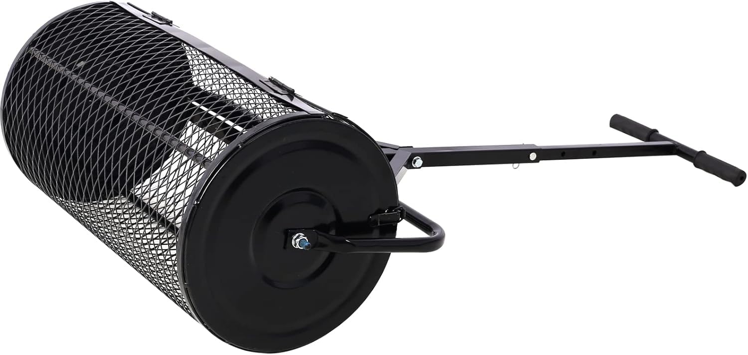 Distribuidor de compost - Rodillo de turba de 61 cm con mango ajustable en forma de T, ligero, de malla metálica, para césped, esparcir estiércol y tierra vegetal, color negro, con ranuras abiertas