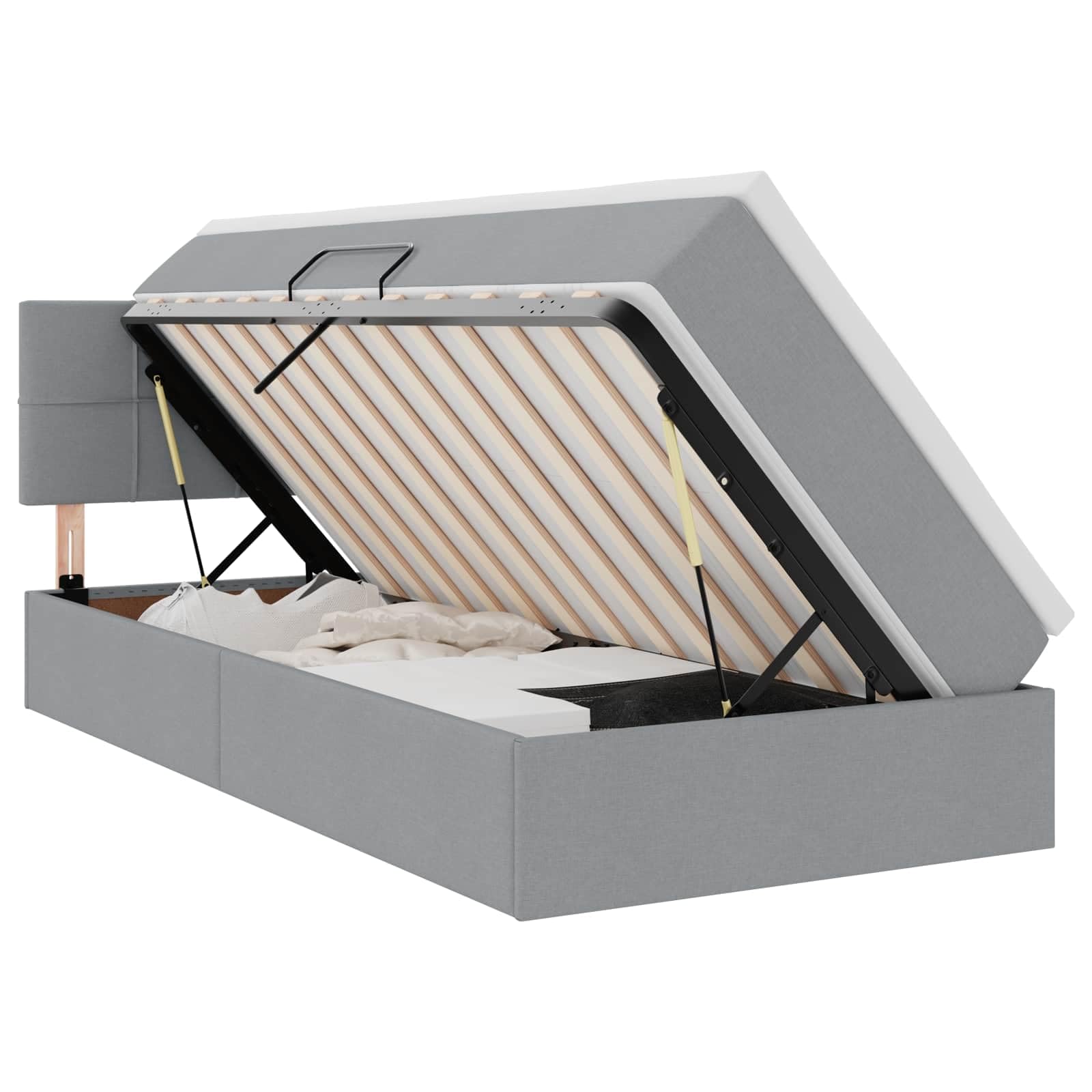 Cama de almacenamiento gris claro 100 x 200 cm con colchón, cabecero y clift hidráulico, cama individual moderna para dormitorio, material de madera y estructura de metal