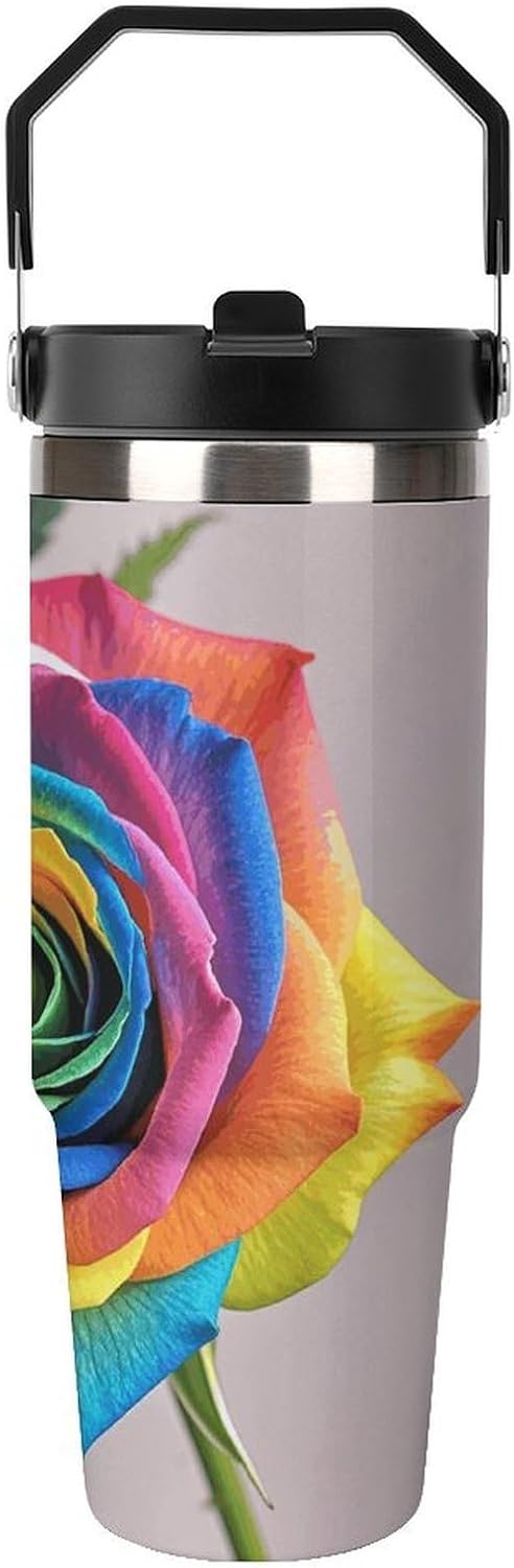 Rainbow Rose Tumbler with Top Handle & Straw 30oz