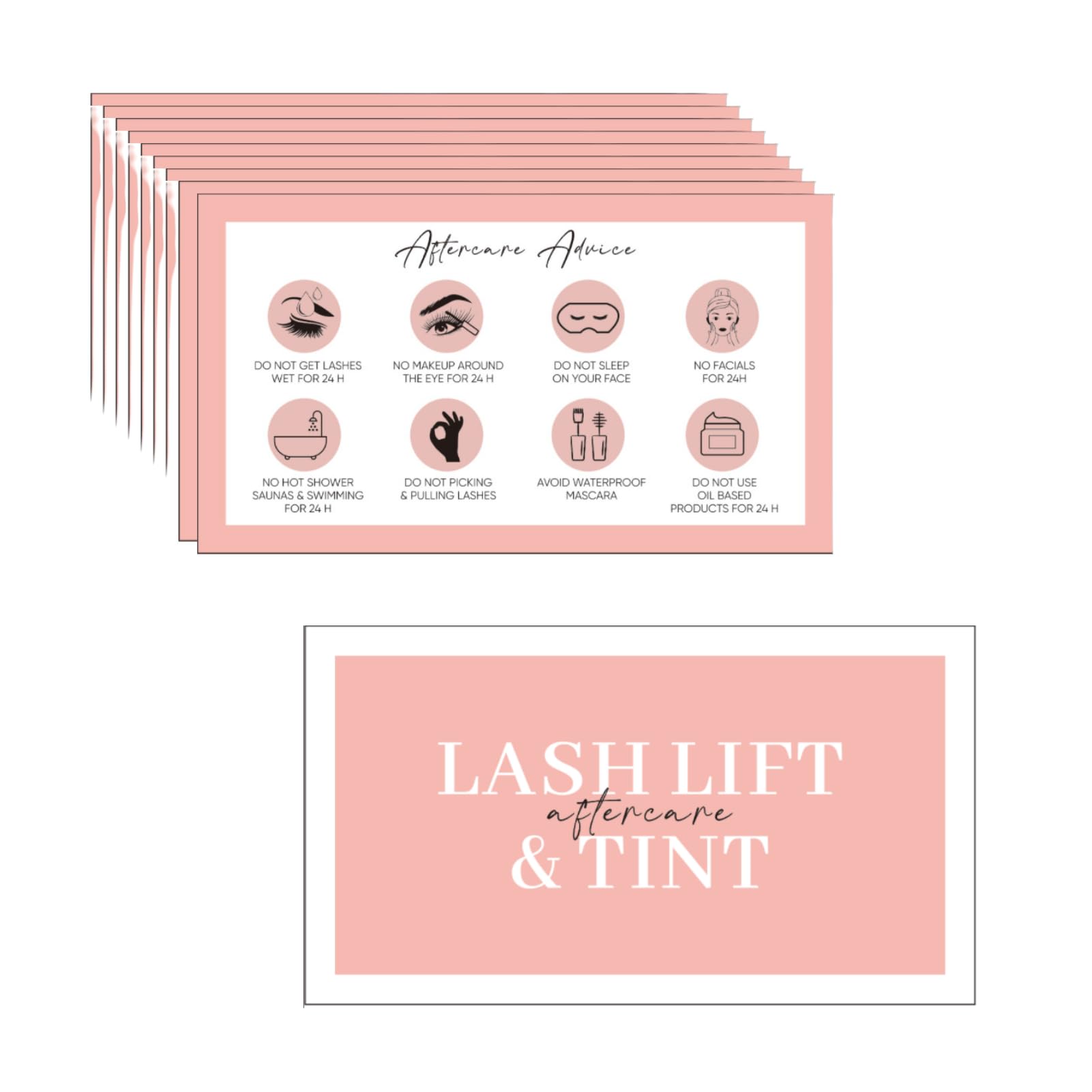 Lash Lift and Tint Aftercare Instruction Cards 2x3.5” inches Eyelash Business Supplies 100 pcs (Modern Pink)