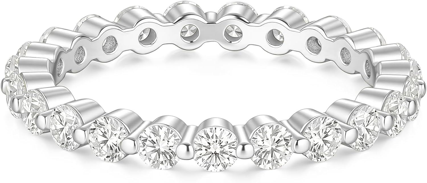 EAMTI 2mm 925 Sterling Silver Wedding Band Cubic Zirconia Full Eternity Stackable Engagement Ring Size 3-13