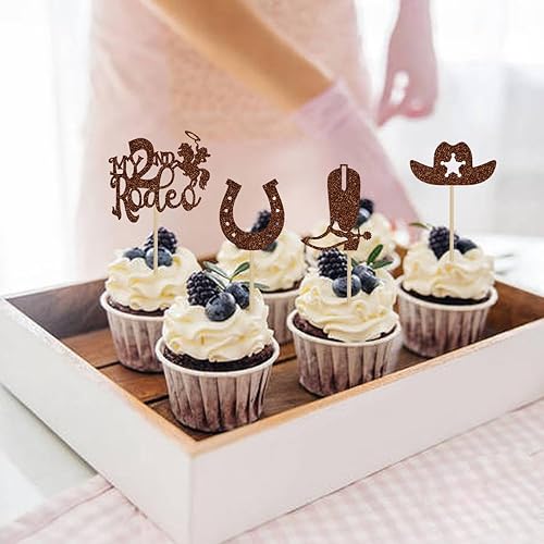 Vista 12 de 12 adornos de vaquero para cupcakes con purpurina, zapatos de caballo de vaquero, botas, pistola, vaquero, cupcake pics, temática occidental
