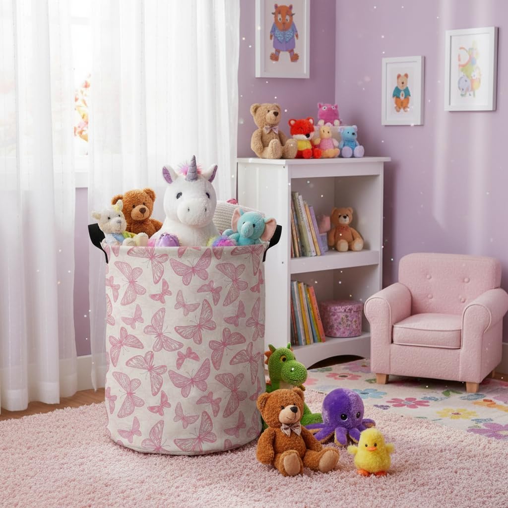 Baby Laundry Basket Kids Laundry Hamper for Dirty Clothes Toy Organizer Kid Nursery Room Girl Decor Storage Basket (Pink Butterfly)