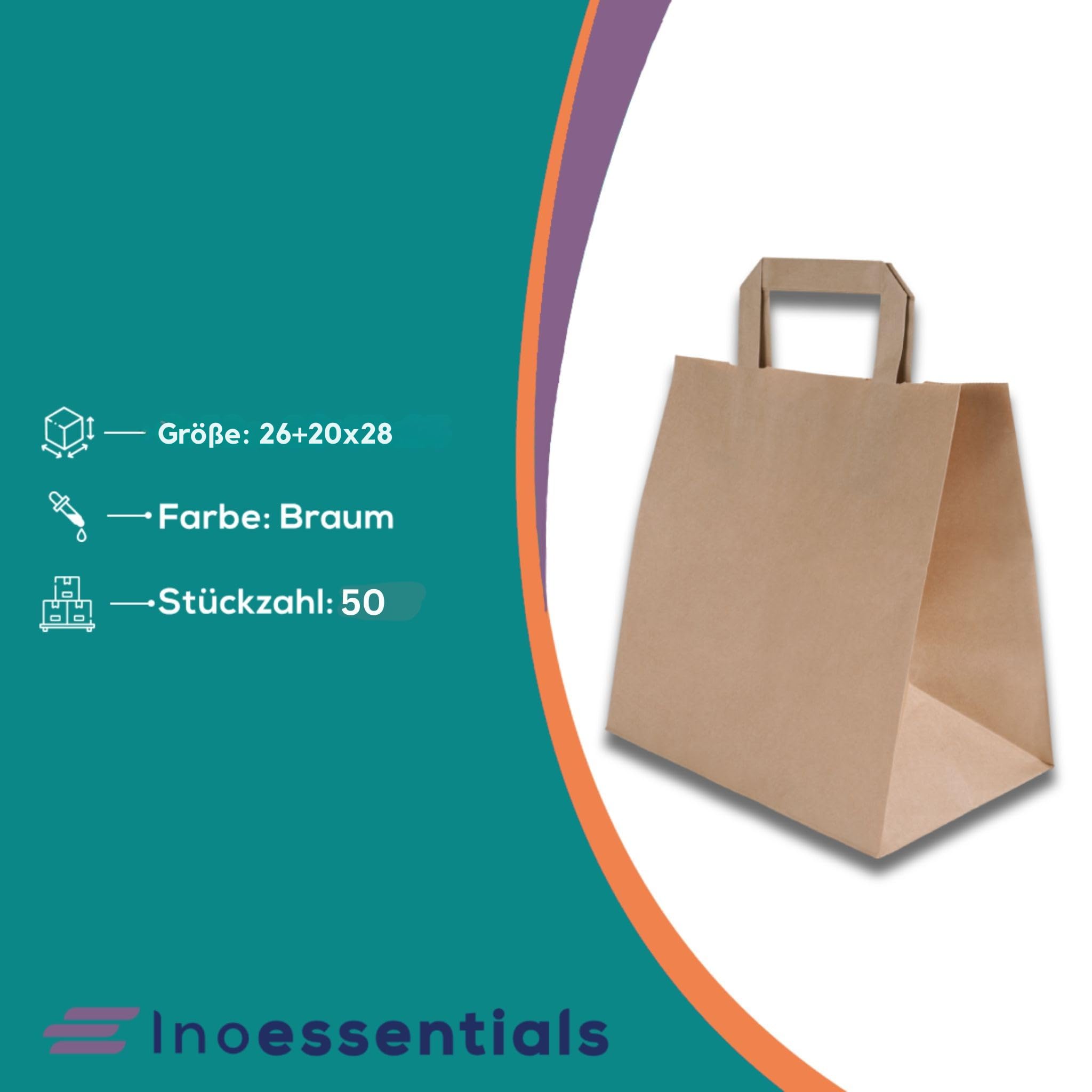 Inoverse Torebki papierowe z uchwytem 26 + 20 x 28 cm, papierowe torebki 250 sztuk | Torebki papierowe, papier typu kraft, brązowy, torebki na prezenty, duży kształt, do nadruku, do butiku i pakowania prezentów
