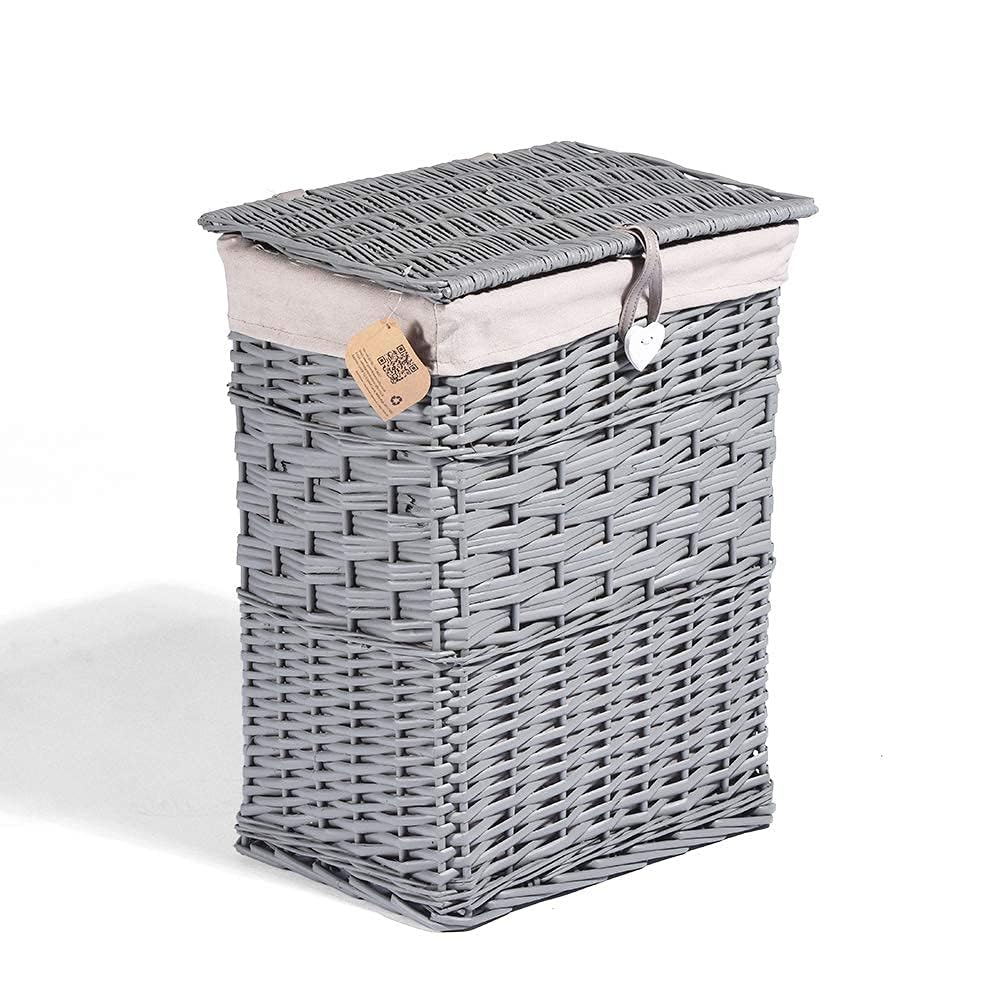 Premium Grey Paint Wicker Laundry Basket Cotton Lining With Lid Bathroom Storage (Small)