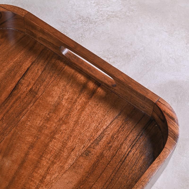 Image of Wooden Serving Tray - 15 Inch Rectangular Wooden Tray for Coffee Table, Kitchen, Breakfast & Home Decor | Multipurpose Organizer & Gift (Flat Handle)