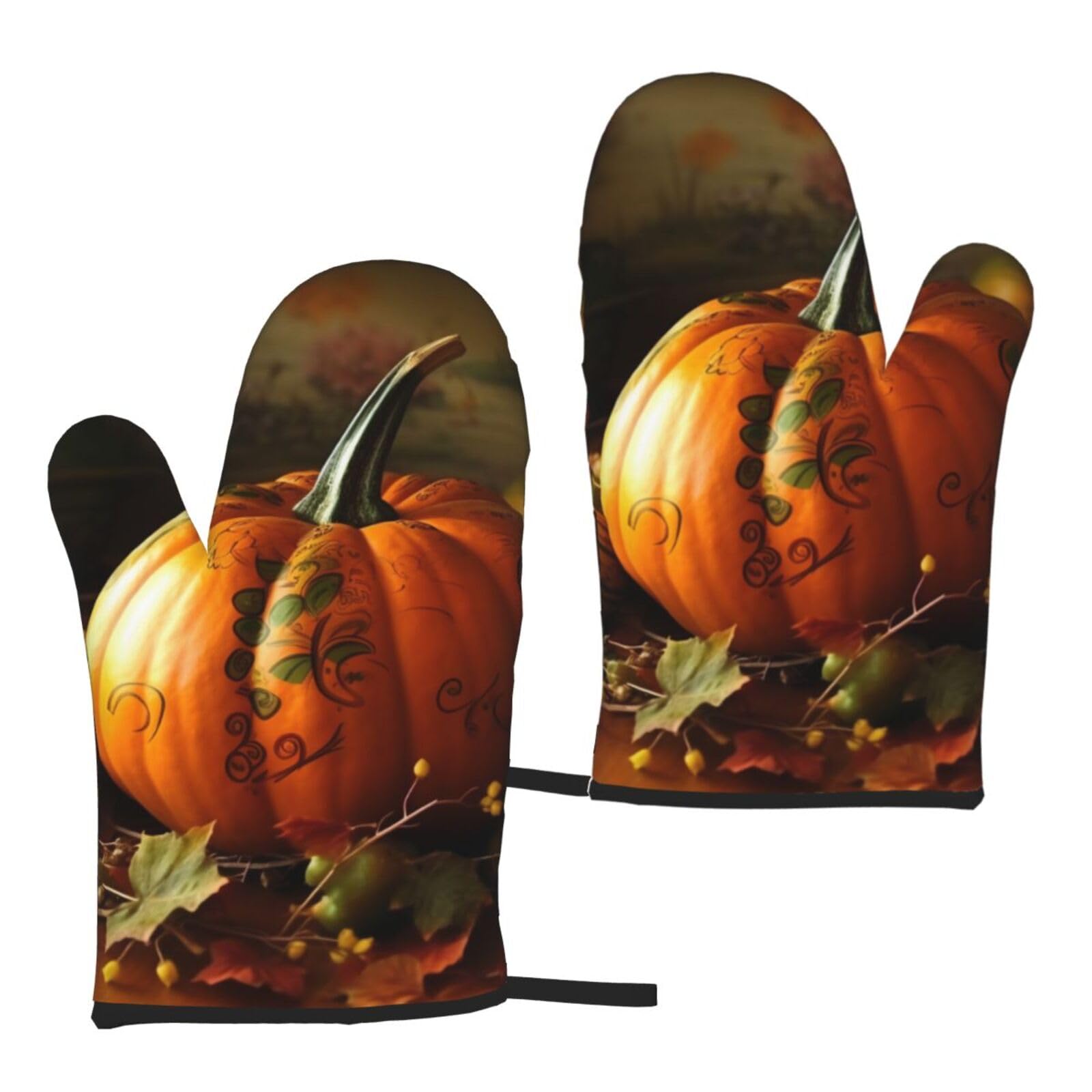 Thanksgiving Day Printed Oven Mitts Sets 2 PCS Heat Resistant and Non-Slip Glove Potholder for Kitchen Cooking Baking Grilling