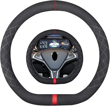 Suede 14 inch D Shape Steering Wheel Cover,Compatible with Tesla Model S Model Y Model X Suede Leather Sport Non-Slip Flat Bottom Wheel Cover Car Interior Accessories 14-14 1/4 inch