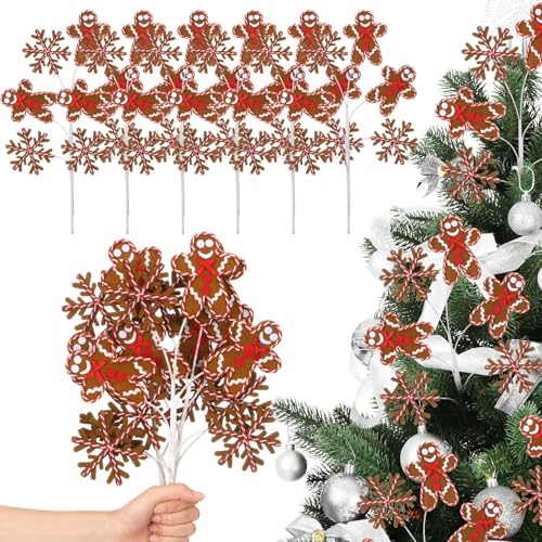 Gejoy 6 Pcs 17'' Gingerbread Man Christmas Tree Picks Ornaments Snowflake Gingerbread Christmas Decoration Artificial Felt Branch Tree Topper for Xmas Party Vase Filler Craft Holiday Indoor Home Decor by Gejoy - Used condition - US$6.74