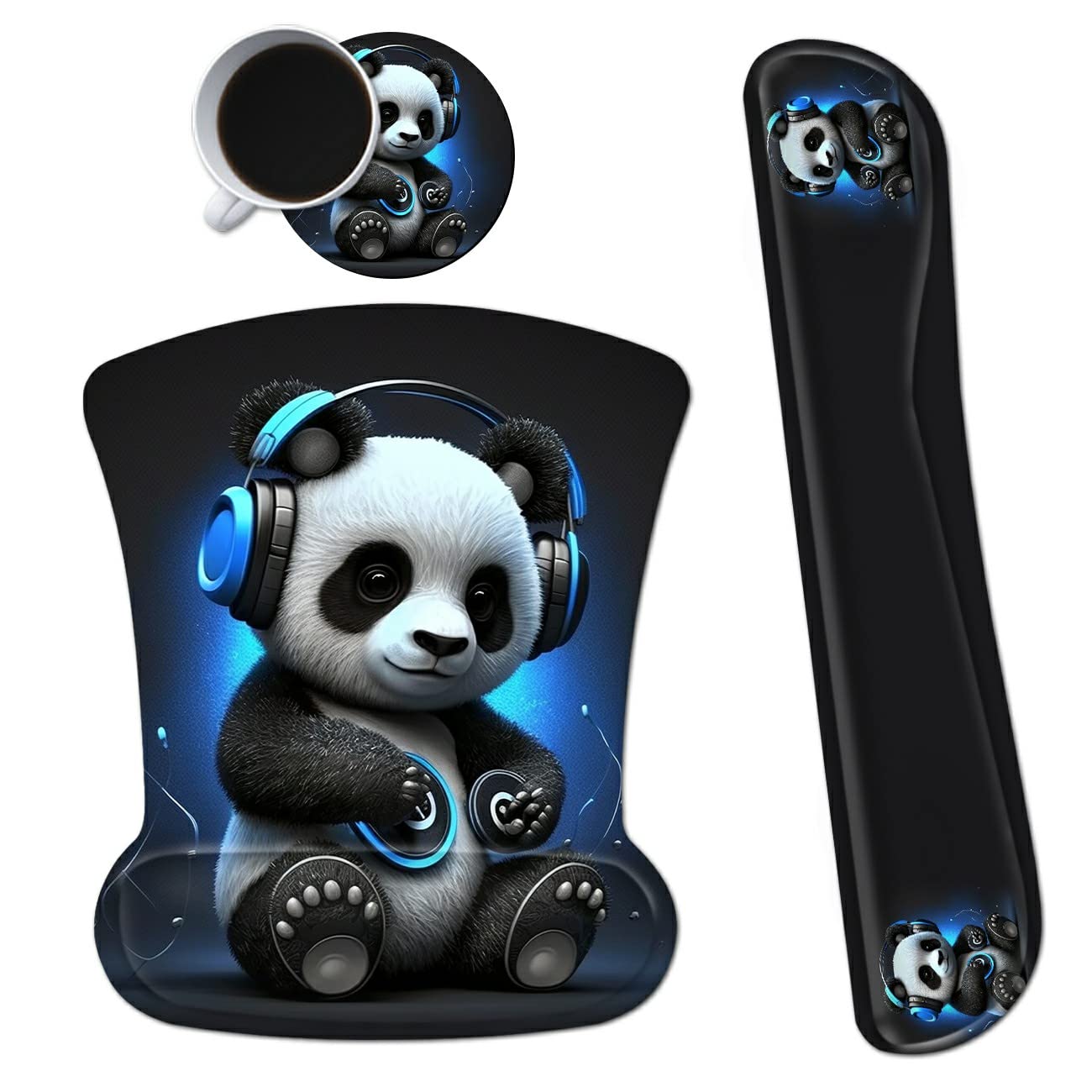 Ergonomic Mouse Pad with Wrist Support Gel Mouse Pads and Upgrade Keyboard Wrist Rest Pad Set, Coasters Non-Slip PU Base Mouse Mat for Office Gaming Computer Laptop Home, Panda
