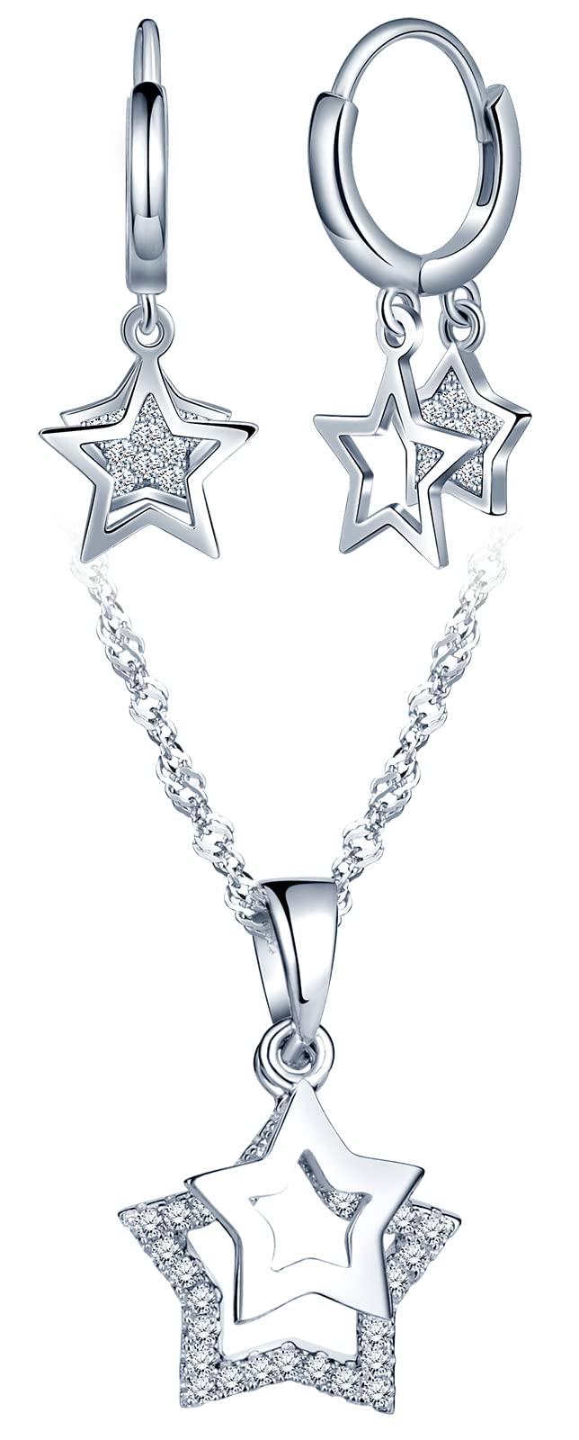 CPSLOVE Collane e Orecchini con stella da donna, Parure di gioielli in argento 925, Collana ciondolo stella, Catena da 45cm, Cerchio Orecchini a stella, Zircone intarsiato, Argento