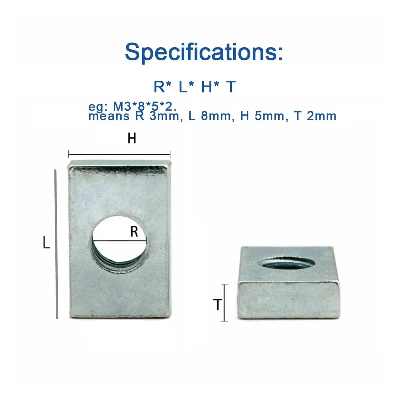 Tuercas rectangulares de acero al carbono galvanizadas | M3/M4/M5/M6/M8, 10/50 piezas, for perfil de aluminio Accesorio: Montaje(50pcs,M6-11x8x4mm)