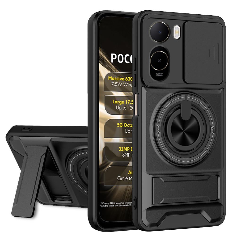 AESTMO Poco C85X 5G Back Cover | Armor Camera Slider 360 Degree Rotating Finger Ring Holder Case with Bracket Stand Back Case Cover (Compatible with MagSafe Accessories) (Black)-image-20
