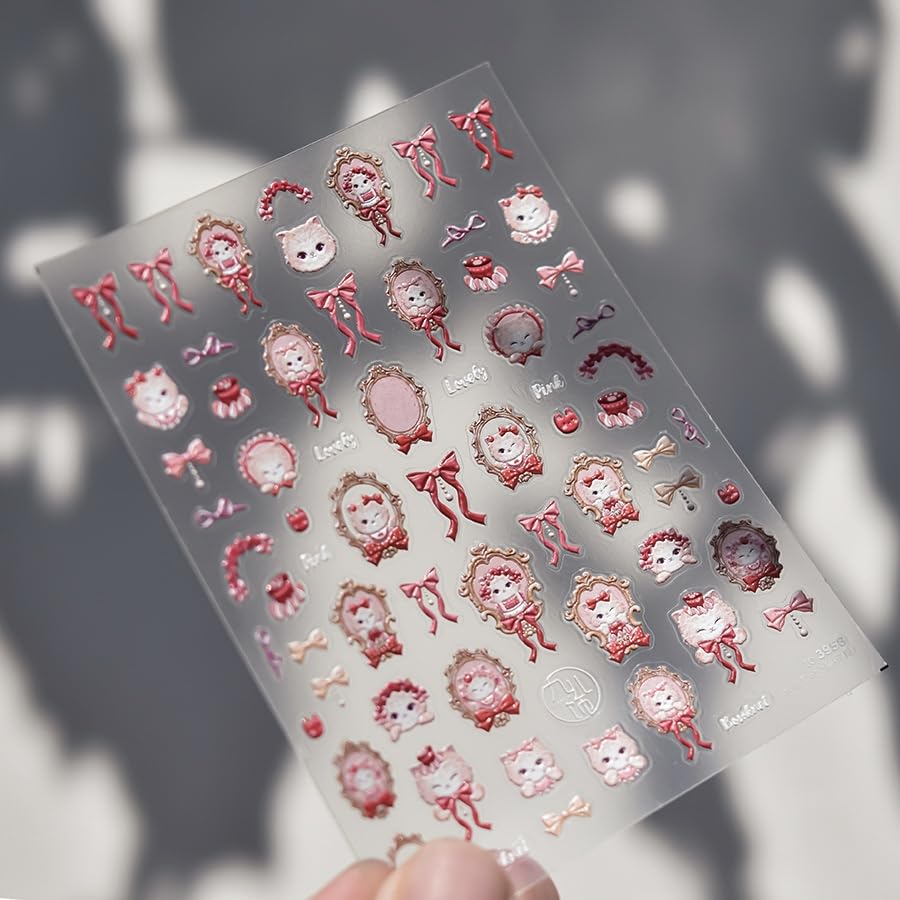 Image of Cat Nail Stickers Pink Bow Nail Decals Retro Portrait Self-Adhesive Nail Art Decals Cute Style 5D Embossed Self Adhesive Manicure Decorations for Women Manicure Salon DIY Design